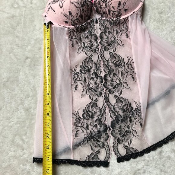 La Senza Light Pink Mesh & Black Lace Sheer Baby Doll Size Medium - Picture 9 of 10